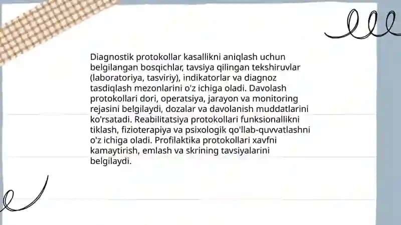 Klinik protokollar va standartlar, turlari, tuzilish tamoyillari, ambulator-poliklinik va statsionar darajadagi standartlar 4