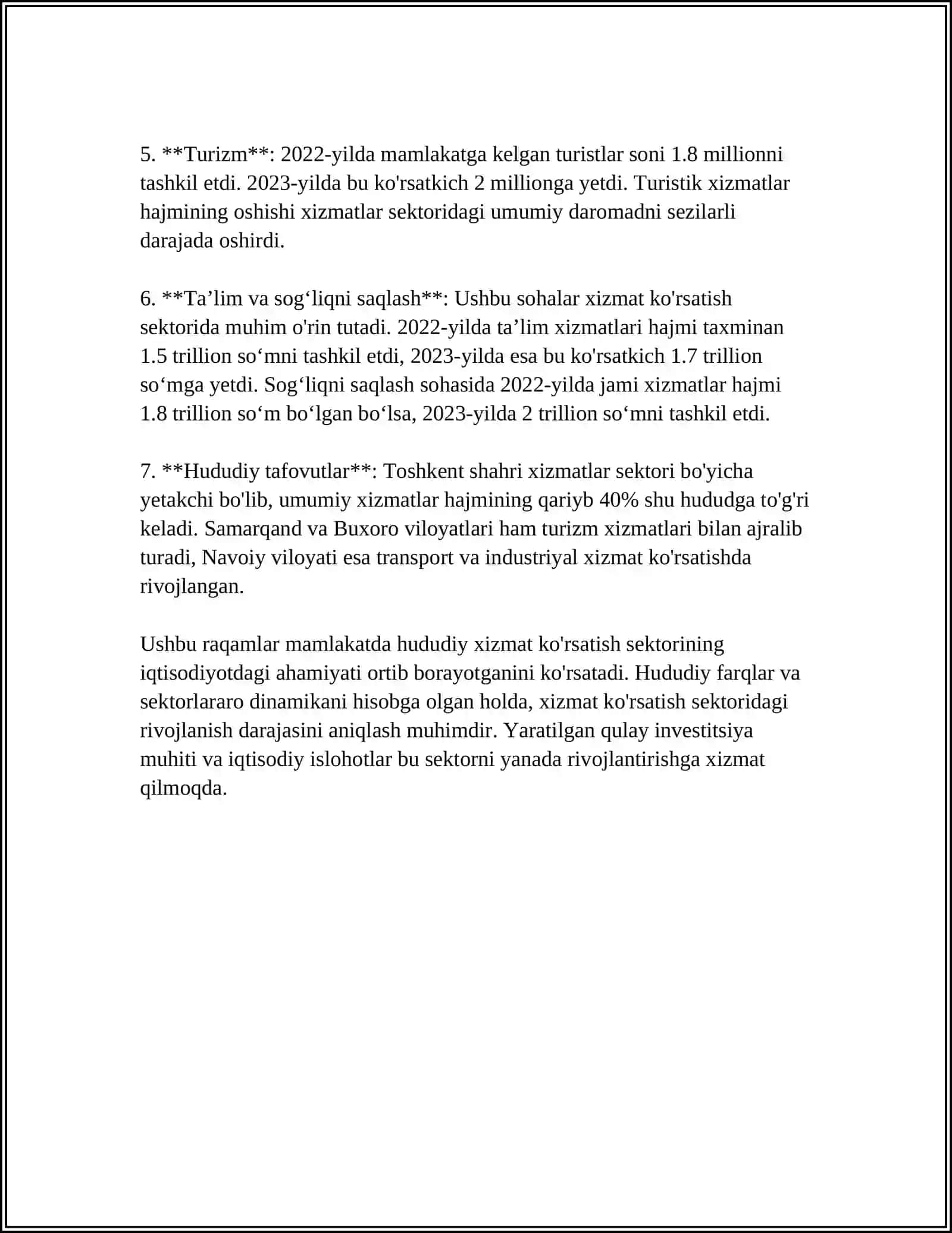 O‘ZBEKISTONDA XIZMAT KOʻRSATISH FAOLIYATINING HUDUDLAR KESIMIDA IJOBIY VA SALBIY TOMONLARI 4