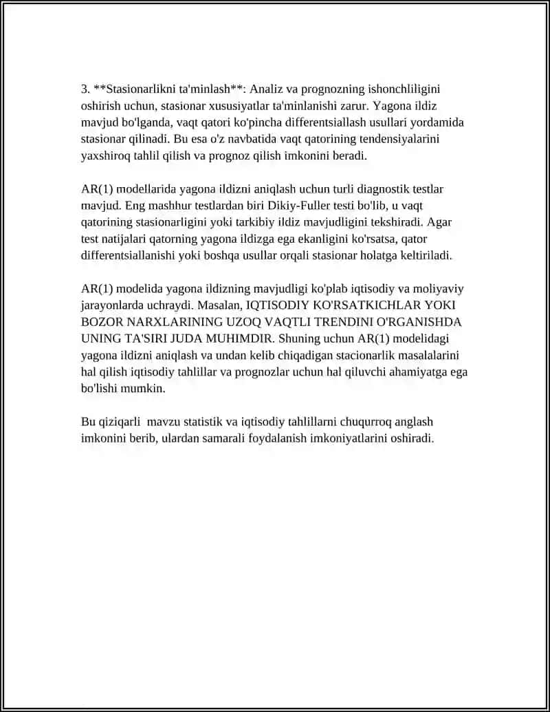 YAGONA ILDIZLARNI TEATRLASHTIRISH. BIRINCHI TARTIBLI REGRESSIV MODELDA YAGONA ILDIZ UCHUN TEST 4