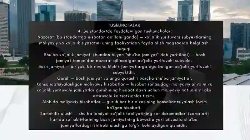 SHO’BA XO‘JALIK JAMIYATLARIGA SARMOYALARNI HISOBGA OLISH VA KONSOLIDATSIYALASHGAN MOLIYAVIY HISOBOTLAR 4