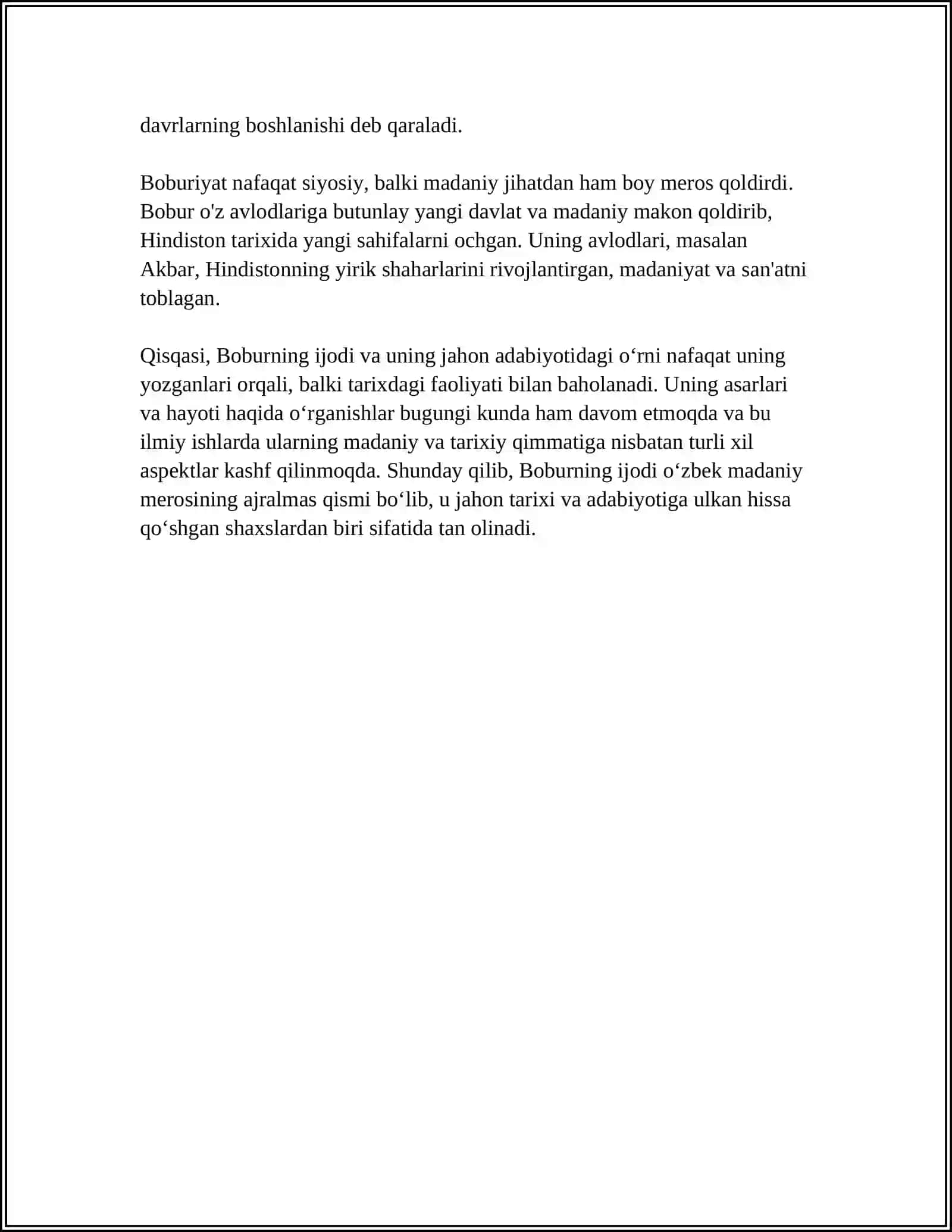 ZAHIRIDDIN MUHAMMAD BOBURNING JAHON HAYOTIDA TUTGAN O’RNI 4