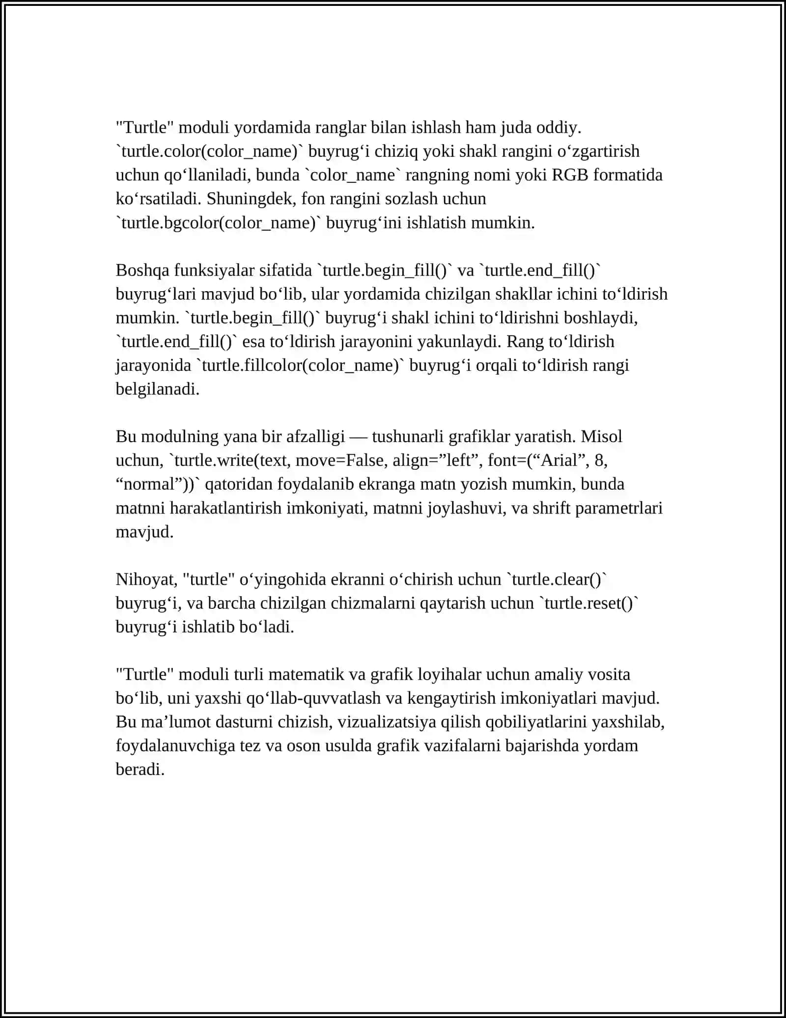 TURTLE MODULLI BILAN ISHLASH VA DASTURLAR YOZISH 4