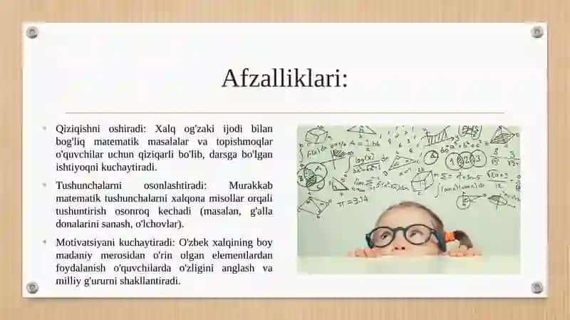 Matematikani o‘qitishda xalq og‘zaki ijodi va milliy elementlardan foydalanish 4