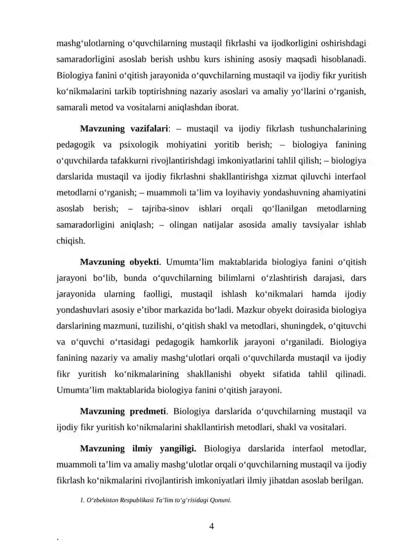 Biologiyani oʻqitishda oʻquvchilarning mustaqil va ijodiy fikr yuritish koʻnikmalarini  tarkib  toptirish yoʻllari 4