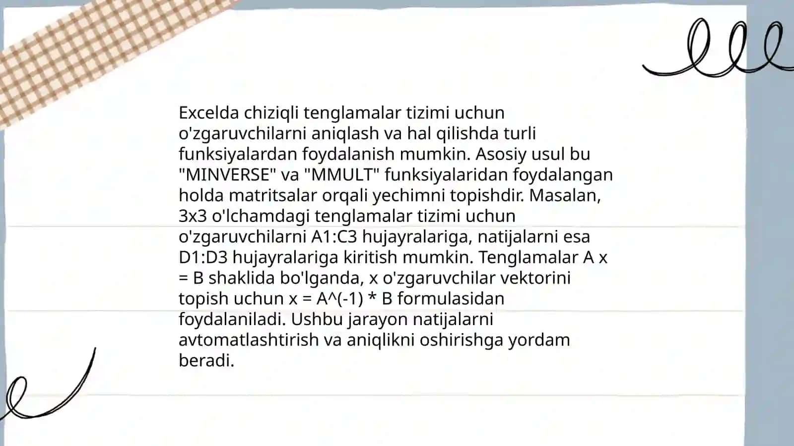 MS Excel dasturi clektron jadvalida chizigli algebraik tenglamalar sistemasini 4