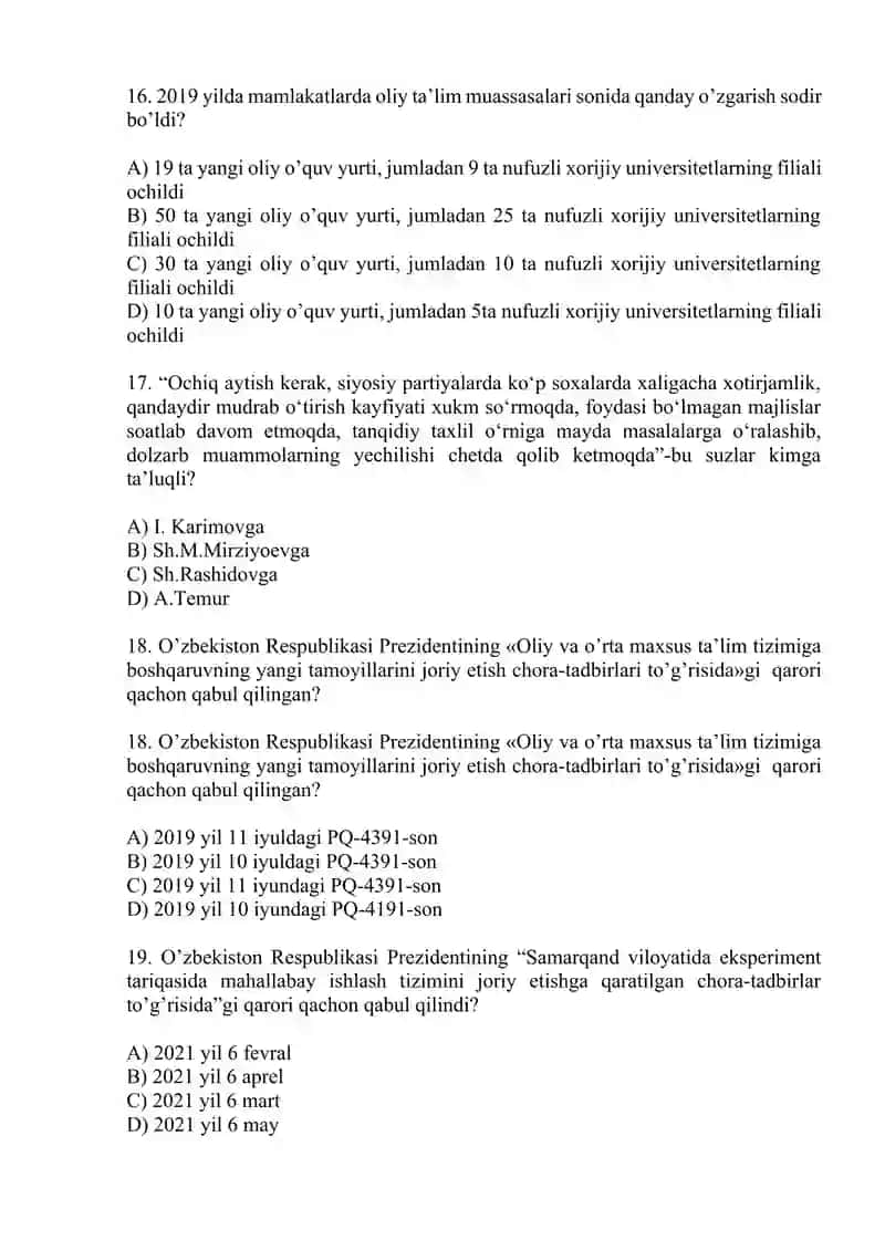 Yangi O‘zbekistonda amalga oshirilayotgan islohotlar. Test savollari. 4
