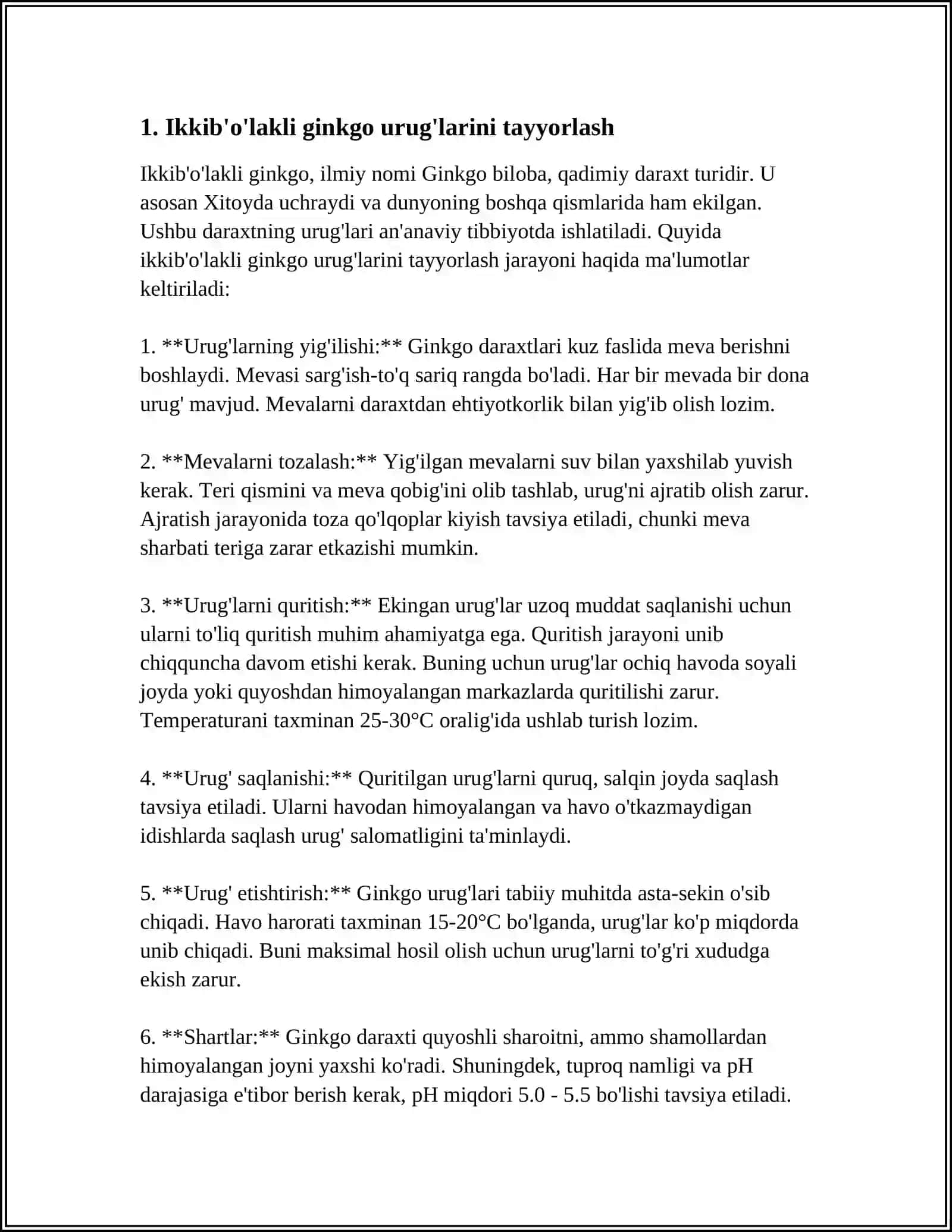 IKKI BOʻLAKLI GINKGO, (ГИНКГО ДВУЛОПАСТНЫЙ) – GINKGO BILOBA L. NI YETISHTIRISH TEXNOLOGIYASI 4