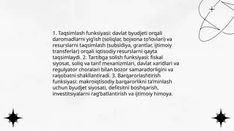 Davlat moliyasining iqtisodiy tizimdagi o’rni va roli 4