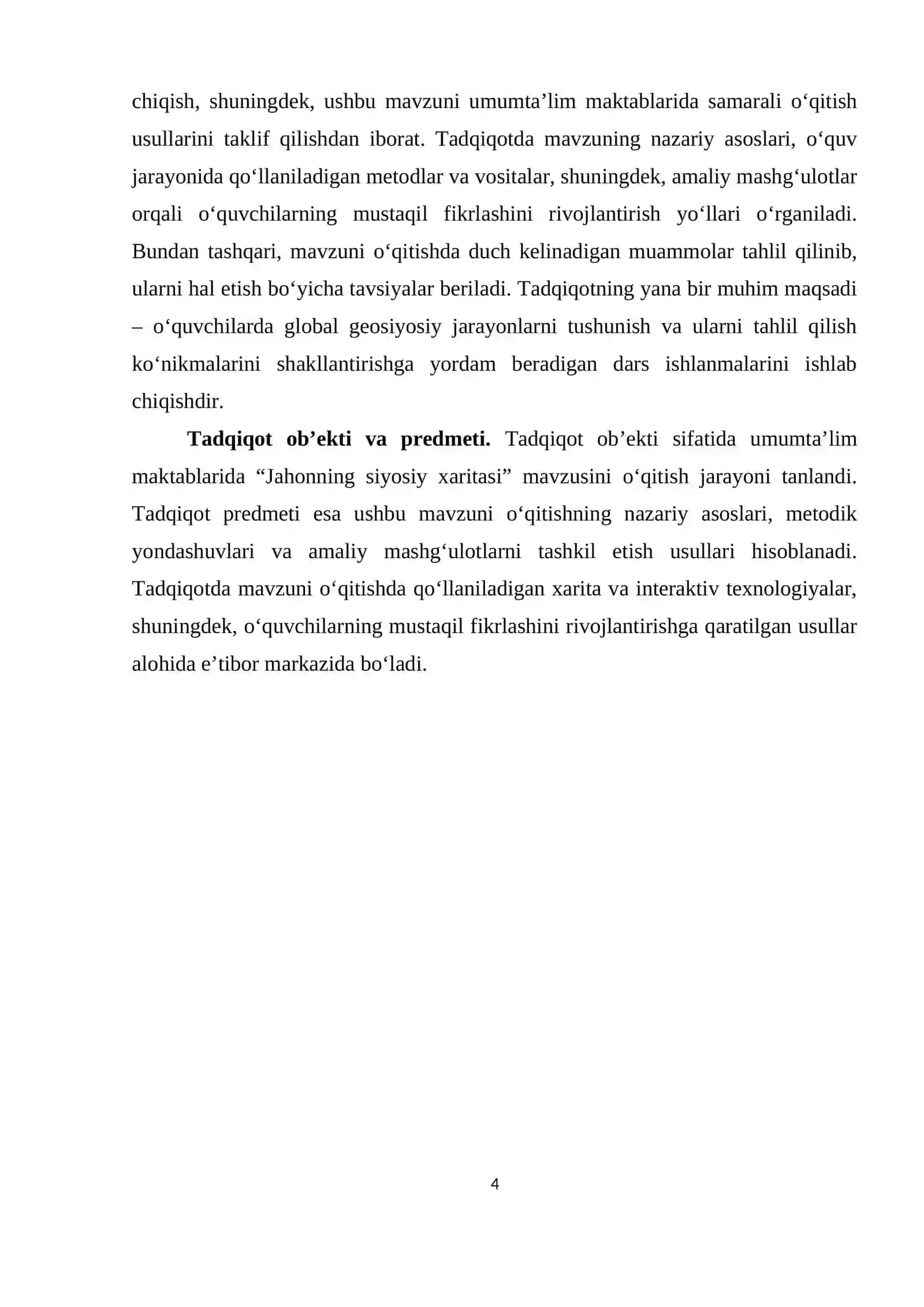 Jahon ijtimoiy-iqtisodiy geografiyasi kursida “Jahonning siyosiy xaritasi” mavzusini o’rganish metodikasi 4