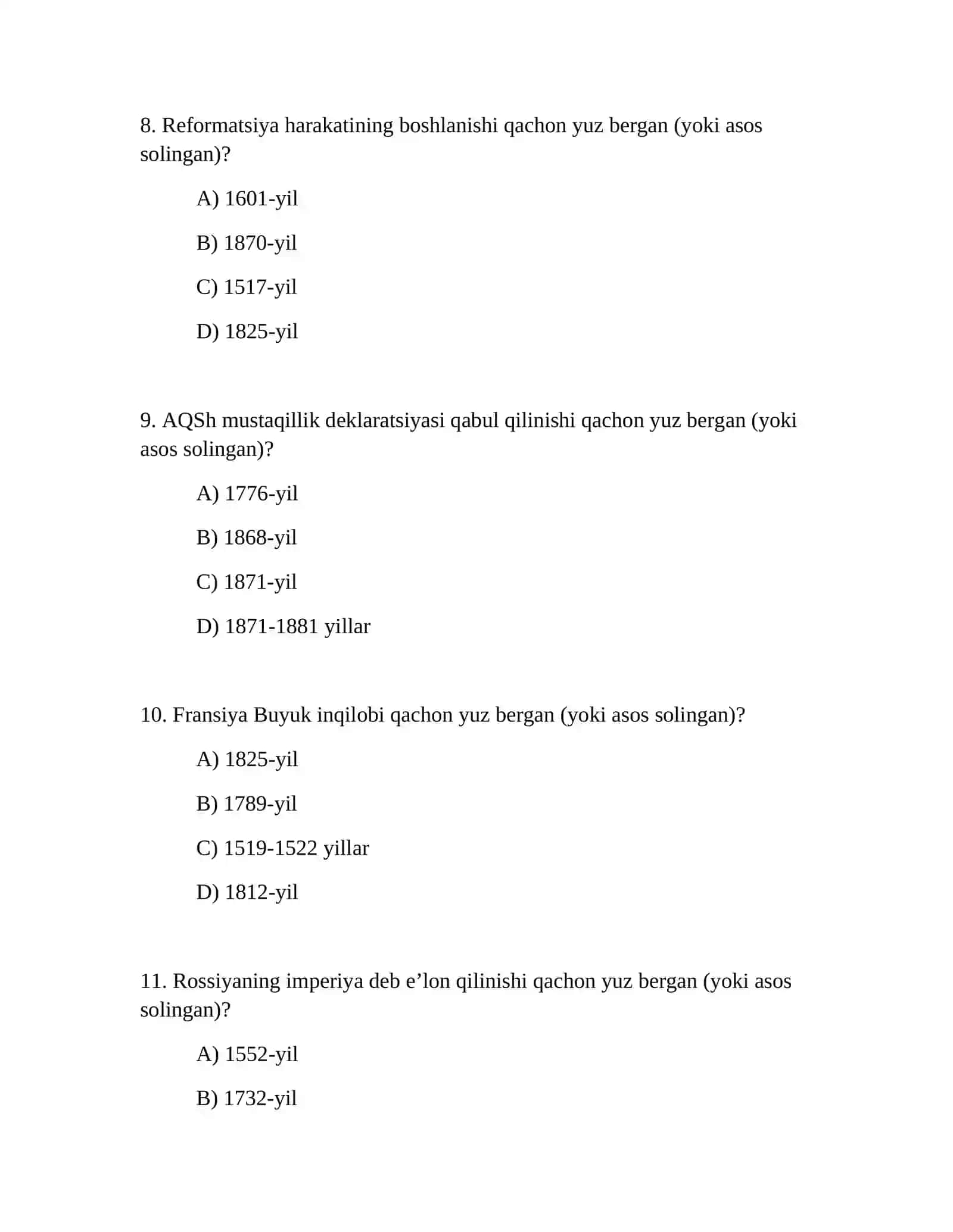 8-sinf Tarix fanidan 300 ta test savollari 4