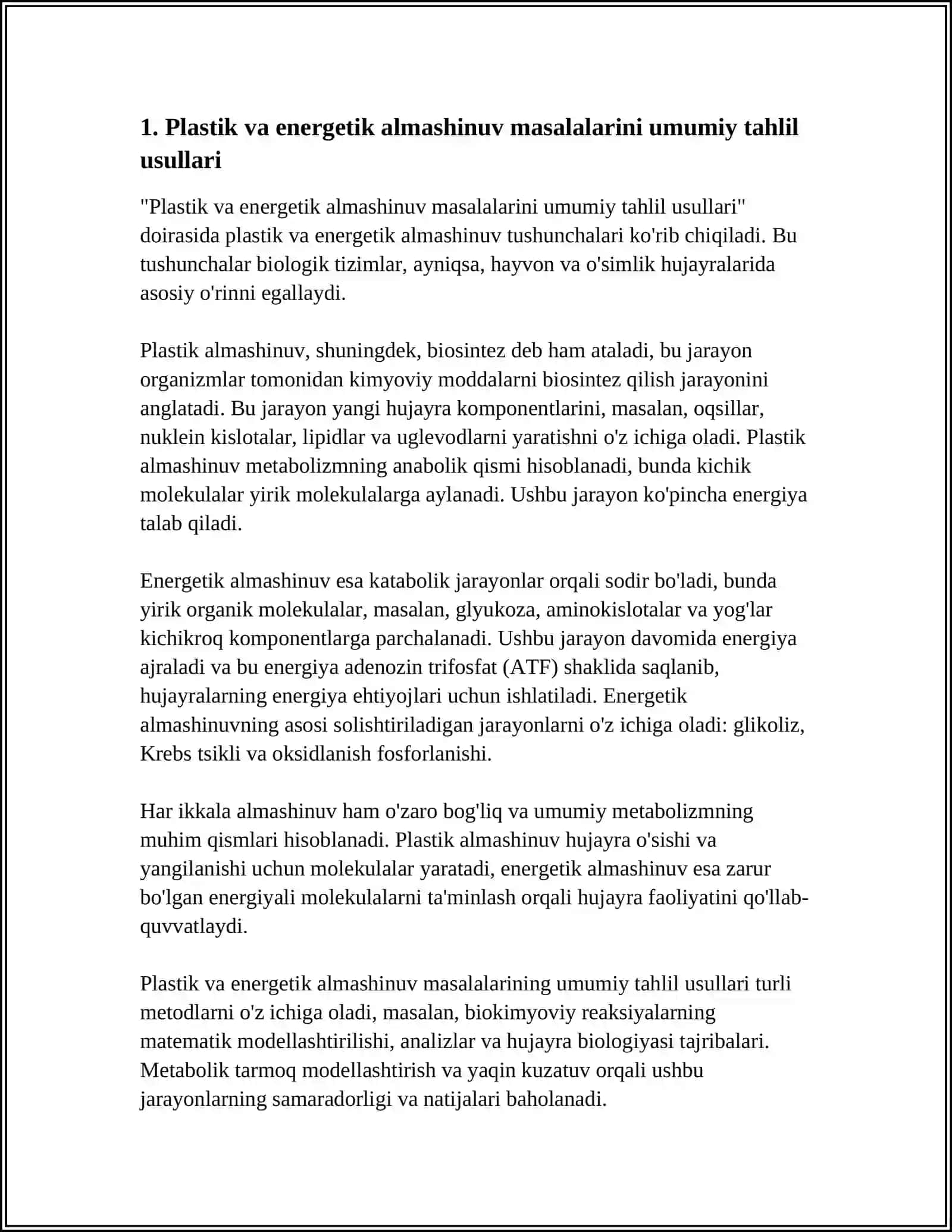 PLASTIK VA ENERGETIK ALMASHINUV BO'YICHA MASALA VA MASHQLAR YECHISHNING O'ZIGA XOS TOMONLARI 4