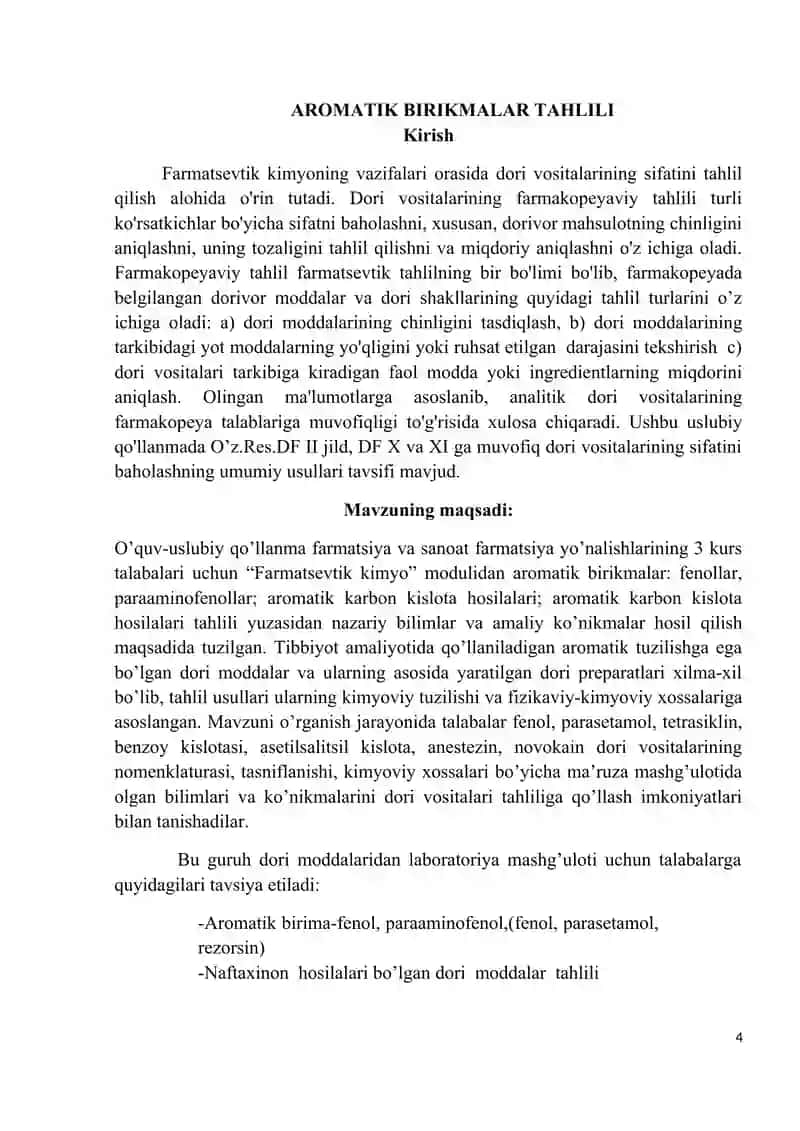 AROMATIK BIRIKMALAR. FENOLLAR, PARAAMINOFENOL VA ULARNING HOSILALARI TAHLILI 4