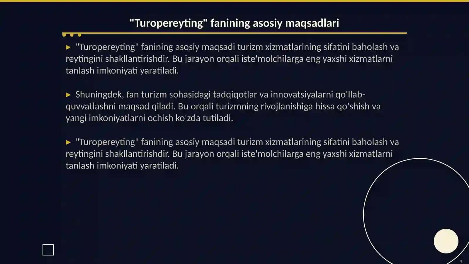 "Turopereyting" fanining maqsadi va vazifalari 4