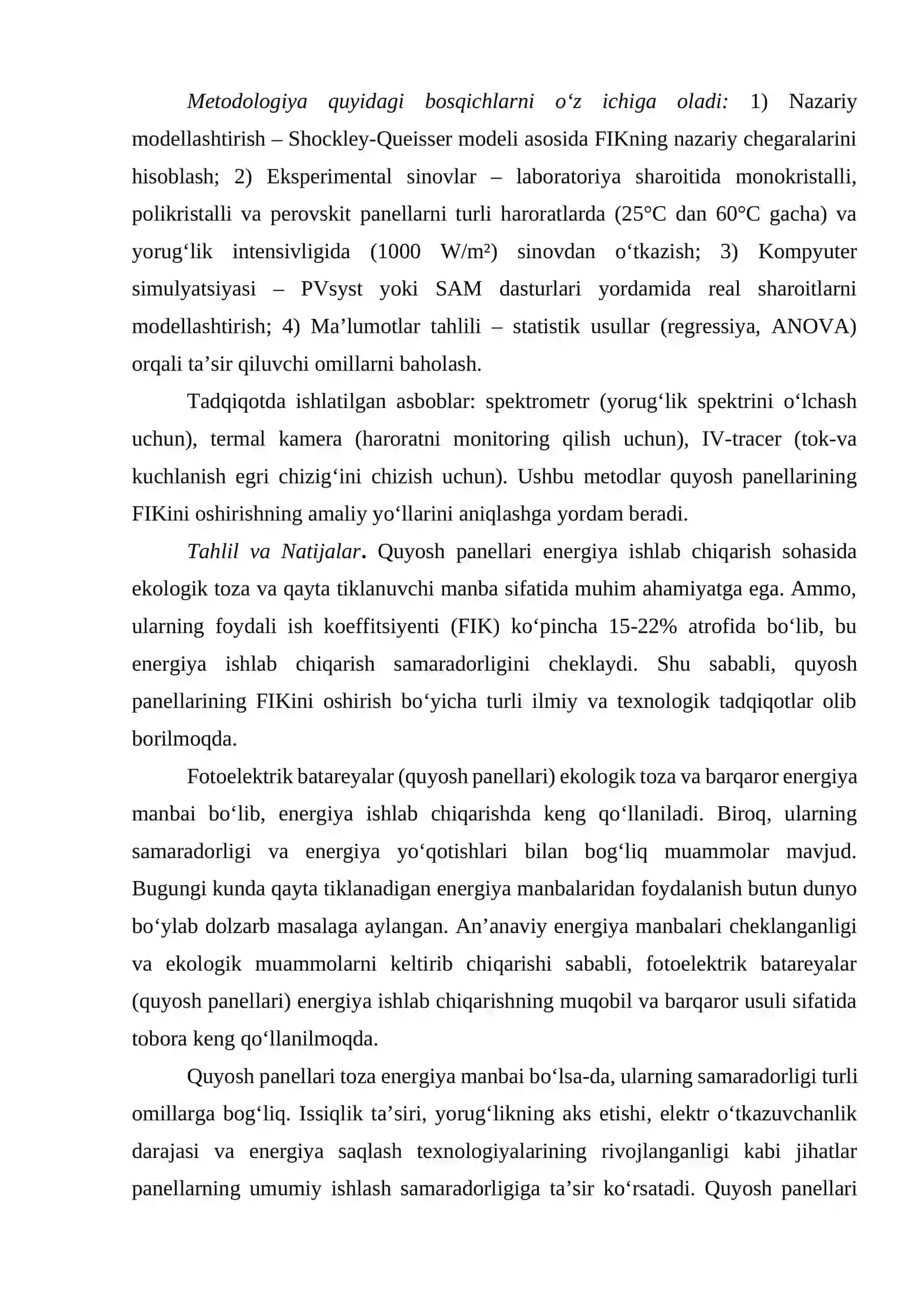 Quyosh panellarini Foydali ish koeffitsiyenti va unga taʼsir qiluvchi omillar 4