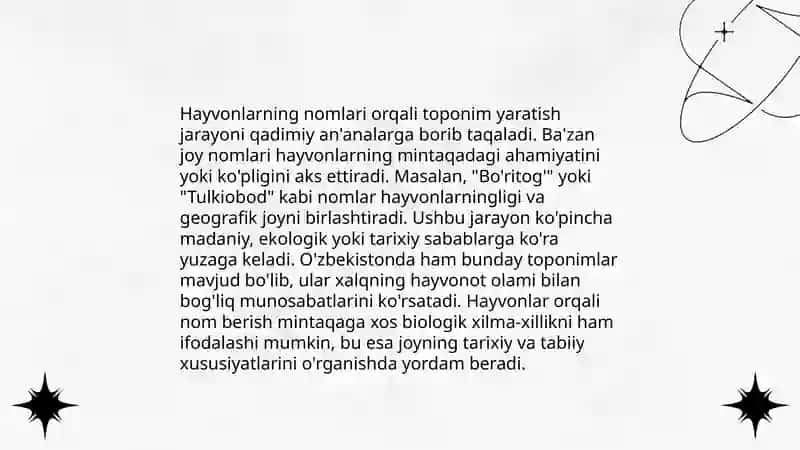 Xayvonot dunyosini toponimlar hosil bo'lishidagi axamiyati zootoponimlar 4