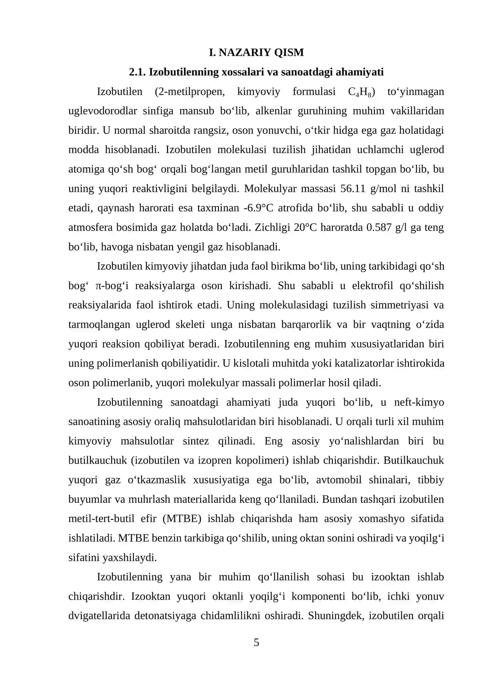 Ish unumdorligi Q=3000 t/yil bo‘lgan izobutilen ishlab chiqaradigan texnologik liniyasini loyihalash. 4
