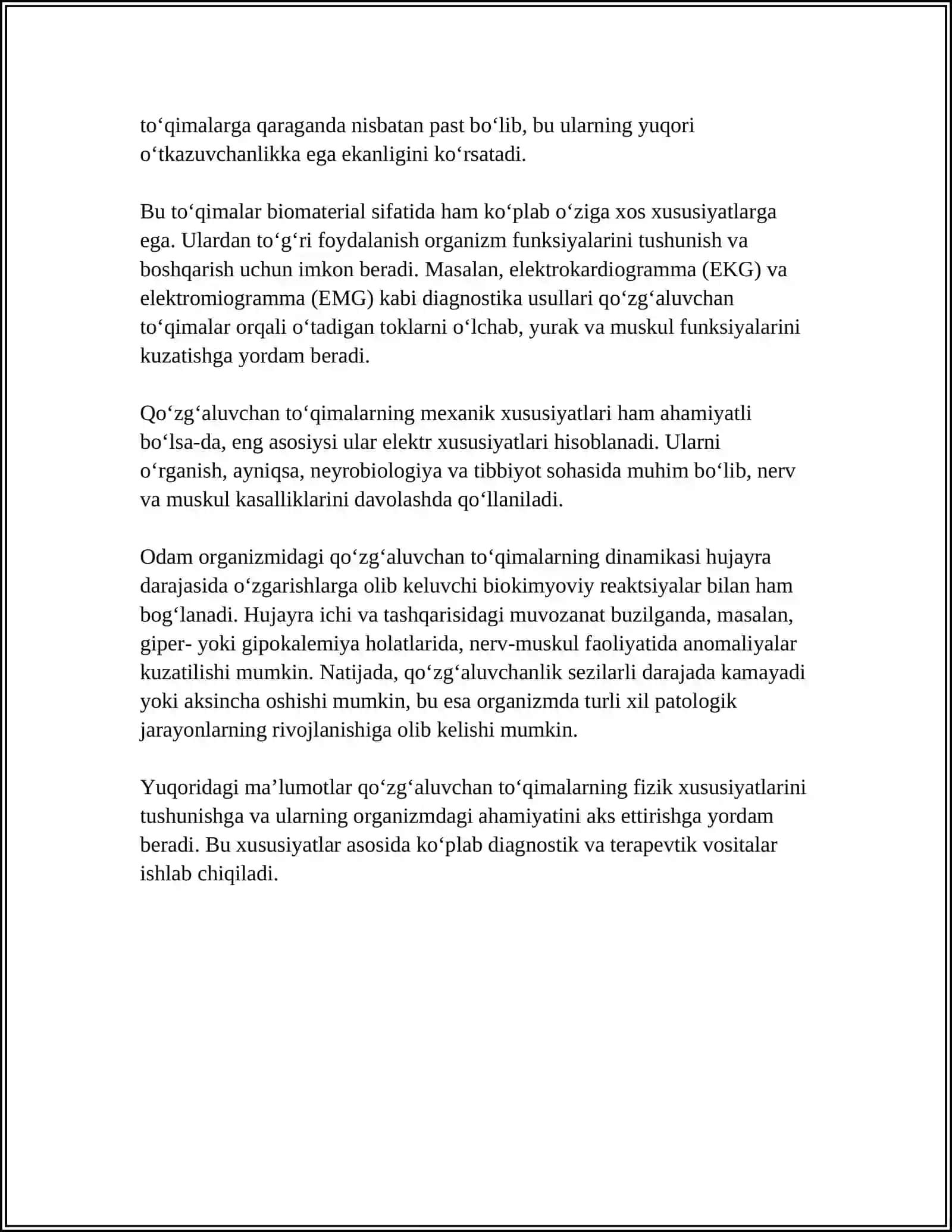 MUSTAQIL ISH Mavzu: QOʻZGʻALUVCHAN TOʻQIMALARDA BIOELEKTIRIK HODISALAR 4