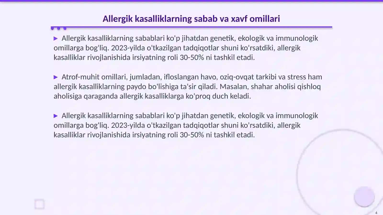 Allergik kasalliklar turlari va ularni oldini olish sabablarini aniqlash, xavf omillari, dori darmonlari va bemorlarni parvarish qilish 4