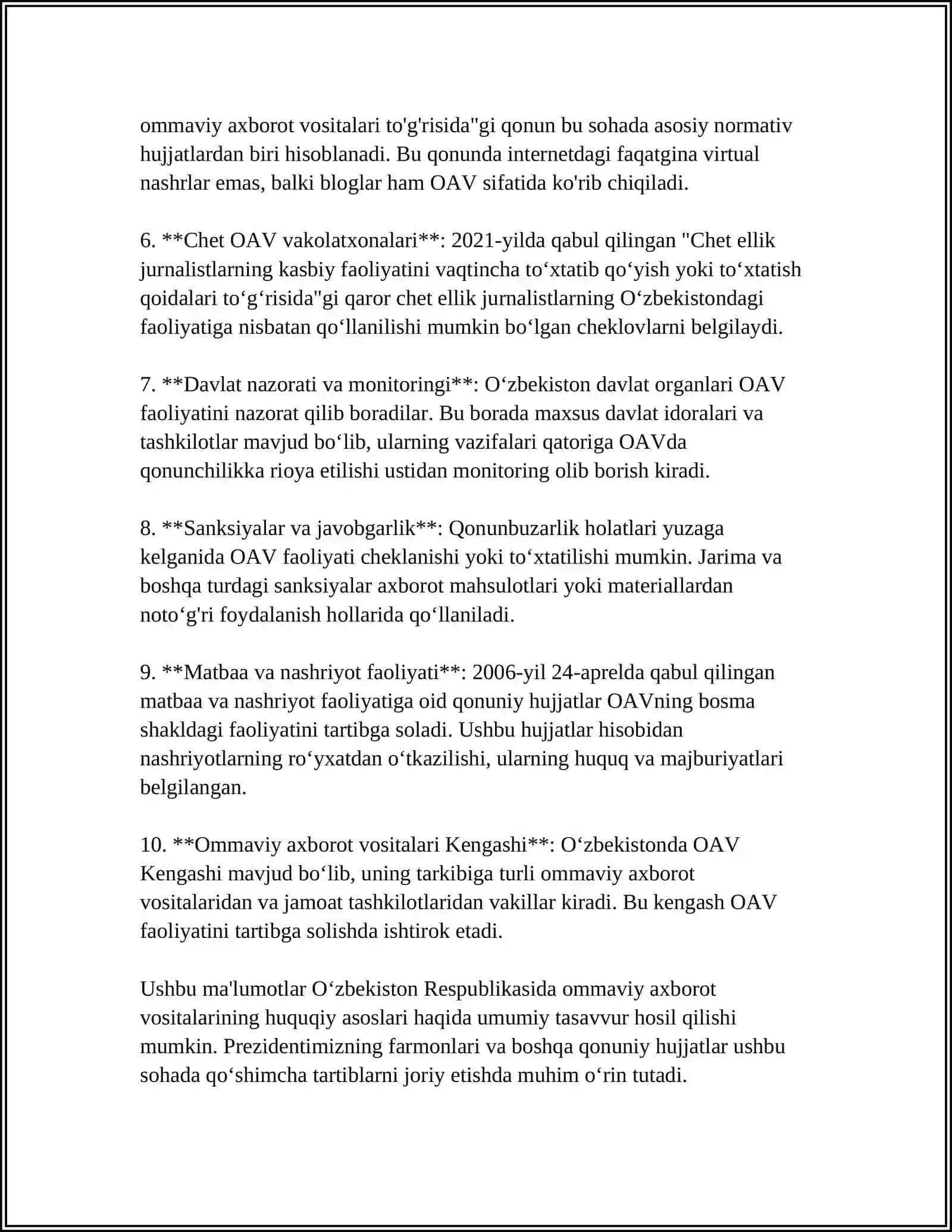 O'ZBEKISTON RESPUBLIKASIDA OMMAVIY AXBOROT VOSITALARINING FAOLIYATI 4