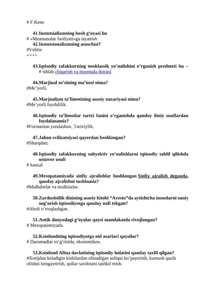 IQTISODIY TA’LIMOTLAR TARIXI fanidan Yakuniy testlar 4