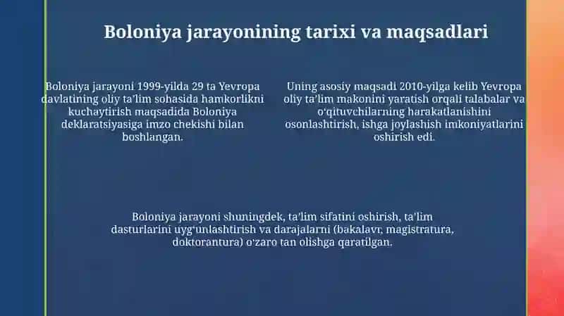 Boloniya jarayonining yutuqlari, muammolari va kelajakdagi istiqbollari 4