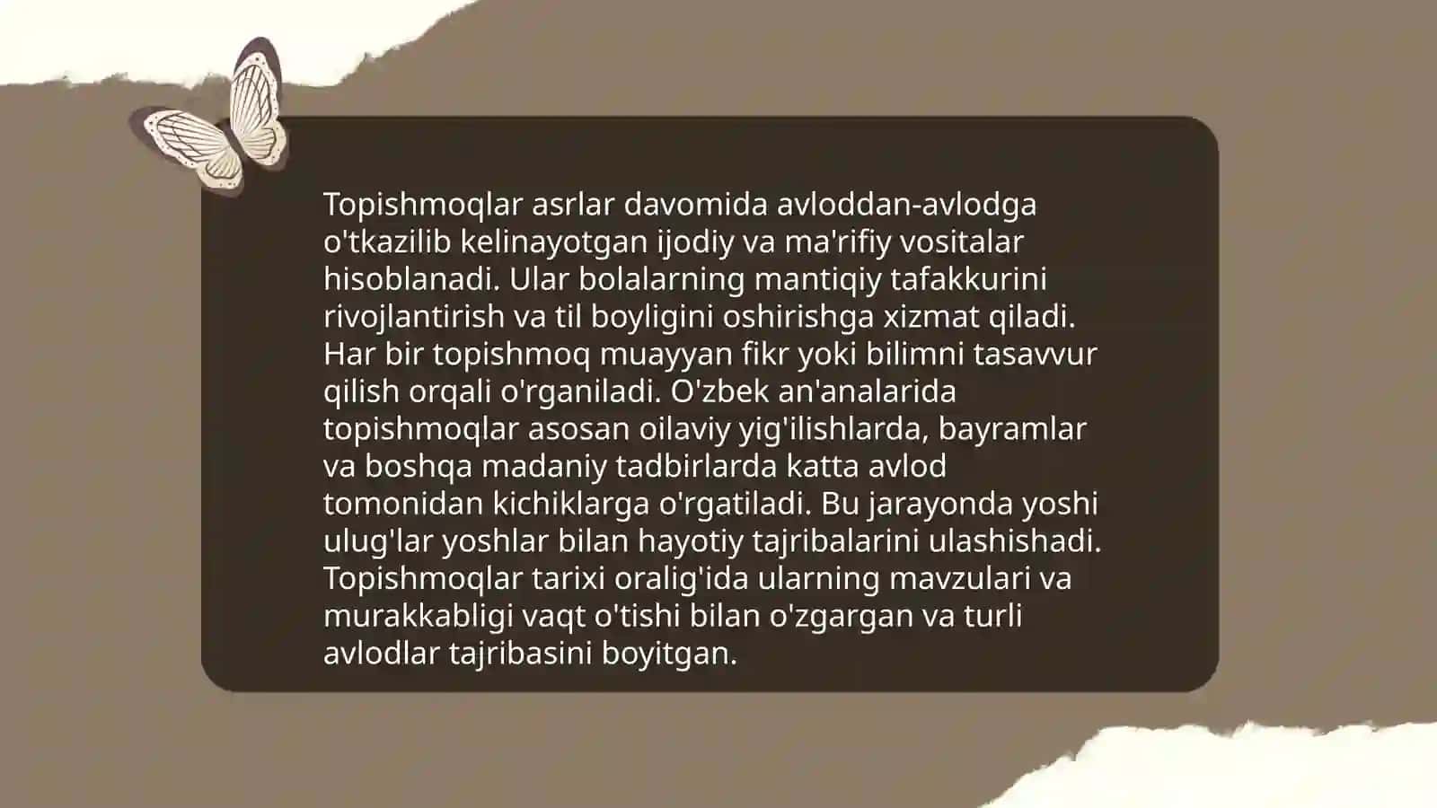 Oʻzbek xalq topishmoqlarini toʻplash va mazmunini sharhlab tahlil qilish 4