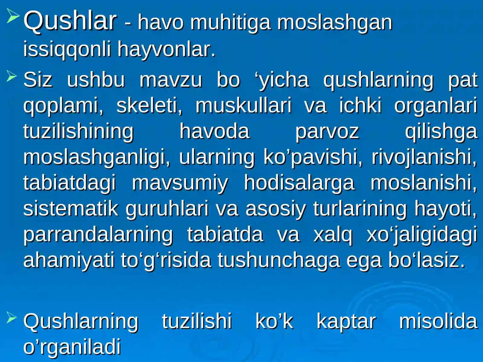 Qushlarning ichki tuzilishi va sezgi organlari 4