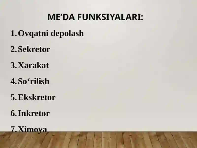 Oshqozon va ichakda xazm qilish. Jigar funksiyasi. Pankreatik sekretsiya. Meʼda-hazm traktining motor-evakuator faoliyati. Peristaltika. So‘rilish 4