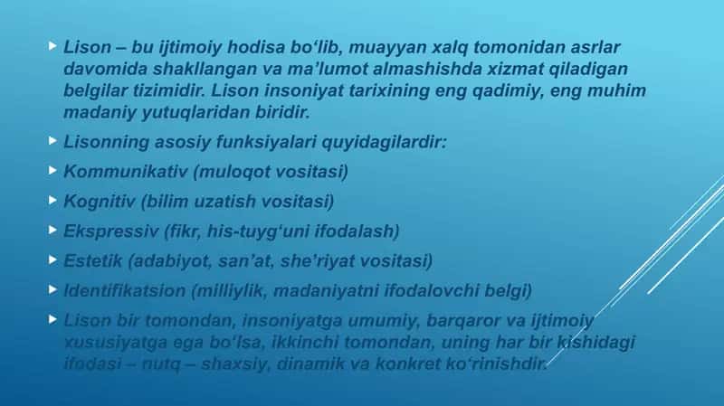 Hozirgi o’zbek tilida lison, nutq, me’yor munosabati 4