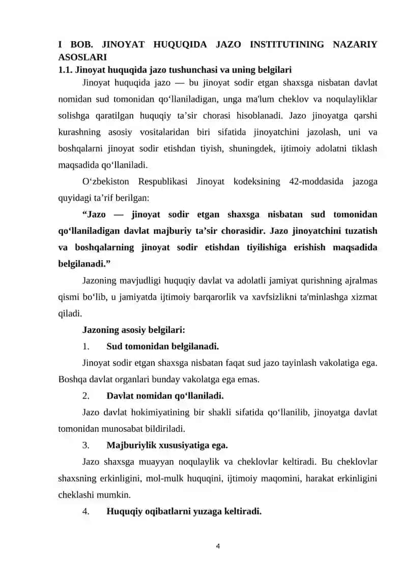 JINOYAT HUQUQIDA JAZO TUSHUNCHASI,MAQSADLARI VA TURLARI(NAZARIY VA AMALIYOT) 4