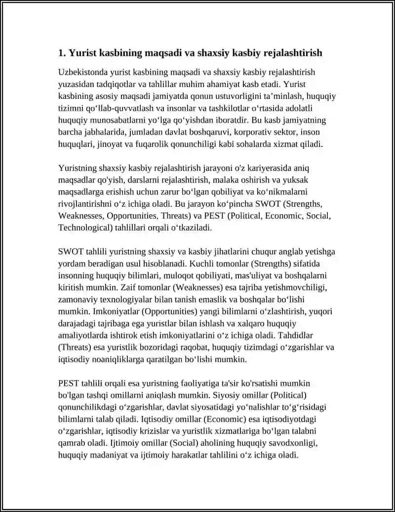 YURIST KARYERASI BILAN BOGʻLIQ MAQSADI VA MOHIYATI. SVOT VA PEST TAHLILLARI 4