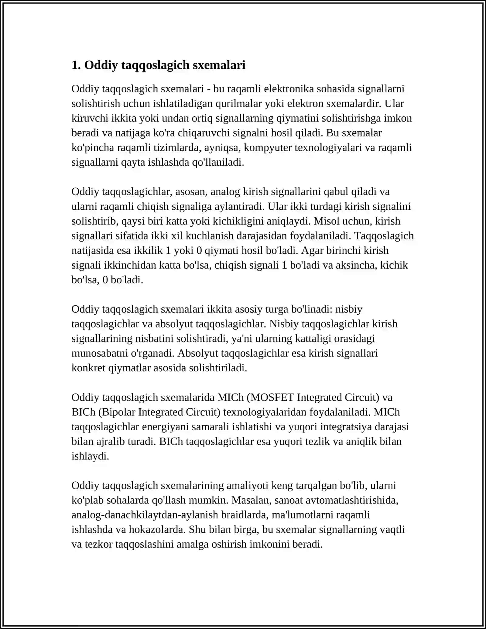 KOMPARATOR QURILMALAR. SONLARNI TAQQOSLASHGA KO'RA SXEMALARNI IKKI GURUXGA BO'LINISHI 4