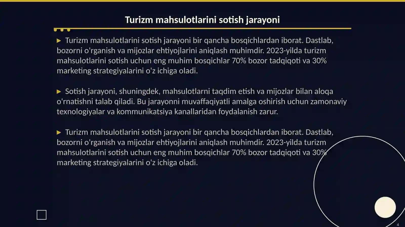 Turizm mahsulotlarini sotishni tahlil qilish 4