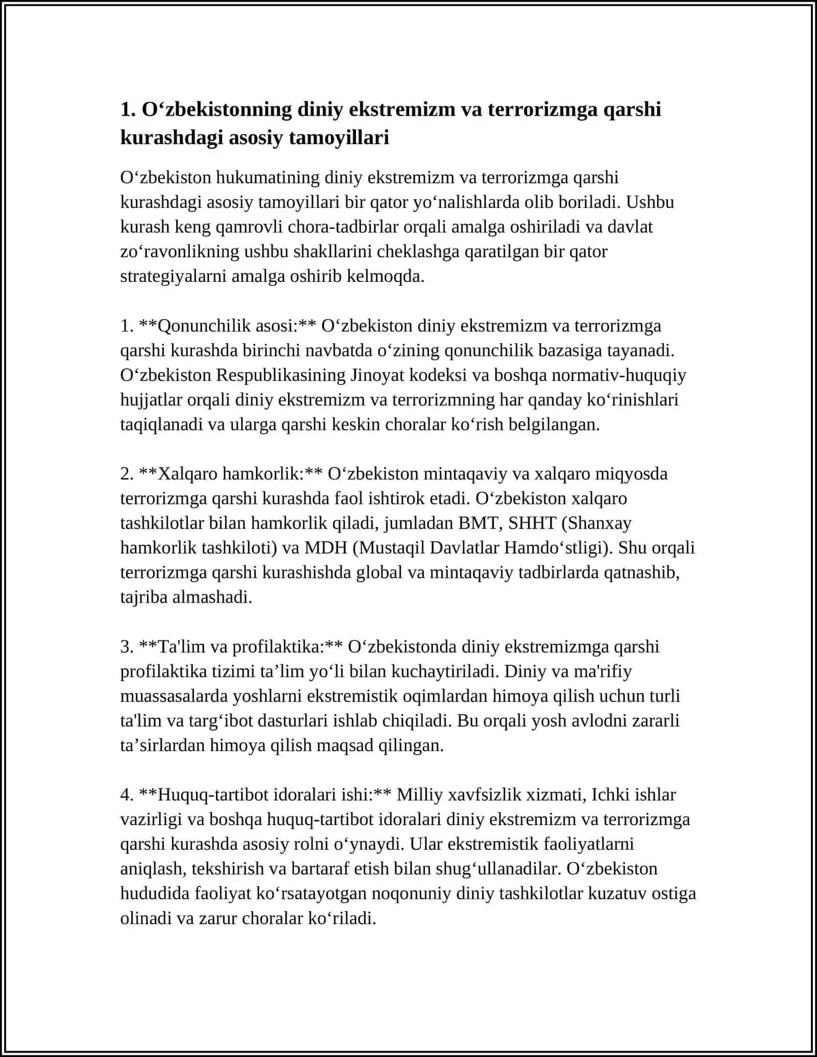 O‘ZBEKISTONNING DINIY EKSTREMIZM VA TERRORIZMNI OLDINI OLISH VA UNGA QARSHI KURASH BORASIDA OLIB BORAYOTGAN SIYOSATINING MOHIYATI 4
