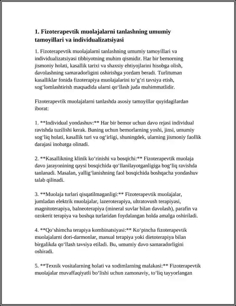 TURLI KASALLIKLARDA FIZOTERAPEVTIK MUOLAJALARNI TOʻGʻRI TAVSIYA ETISH, SOGʻLOMLASHTIRISH MAQSADIDA FIZOTERAPEVTIK MUOLAJALARNI QOʻLLASH 4