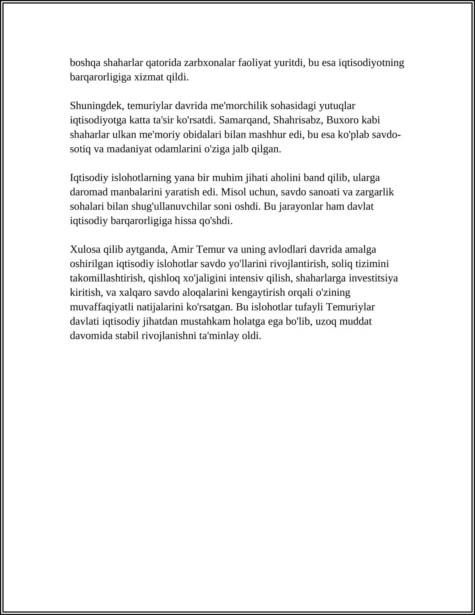MUSTAQIL ISH Mavzu: TEMUR VA TEMURIYLAR DAVRIDAGI IQTISODIY GʻOYALAR 4