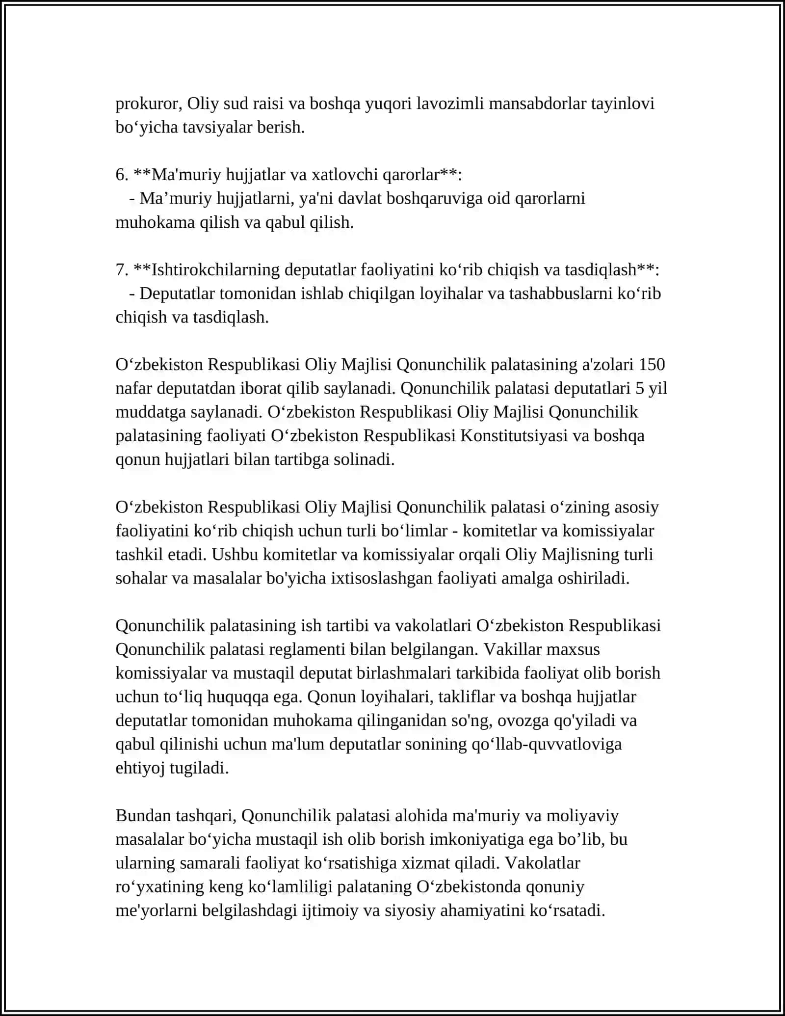 Oʻzbekiston RESPUBLIKASI OLIY MAJLISI QONUNCHILIK PALATASI 4