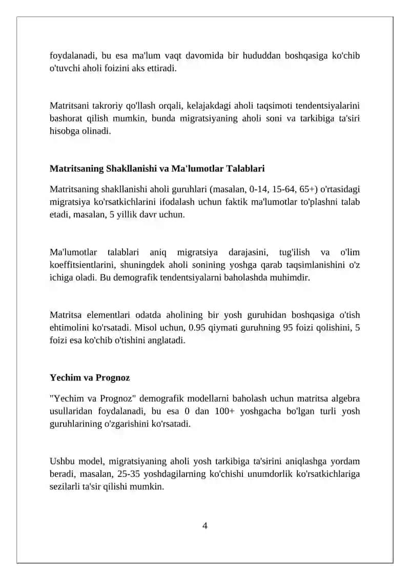 Matritsalar yordamida aholi migratsiyasini baholash 4