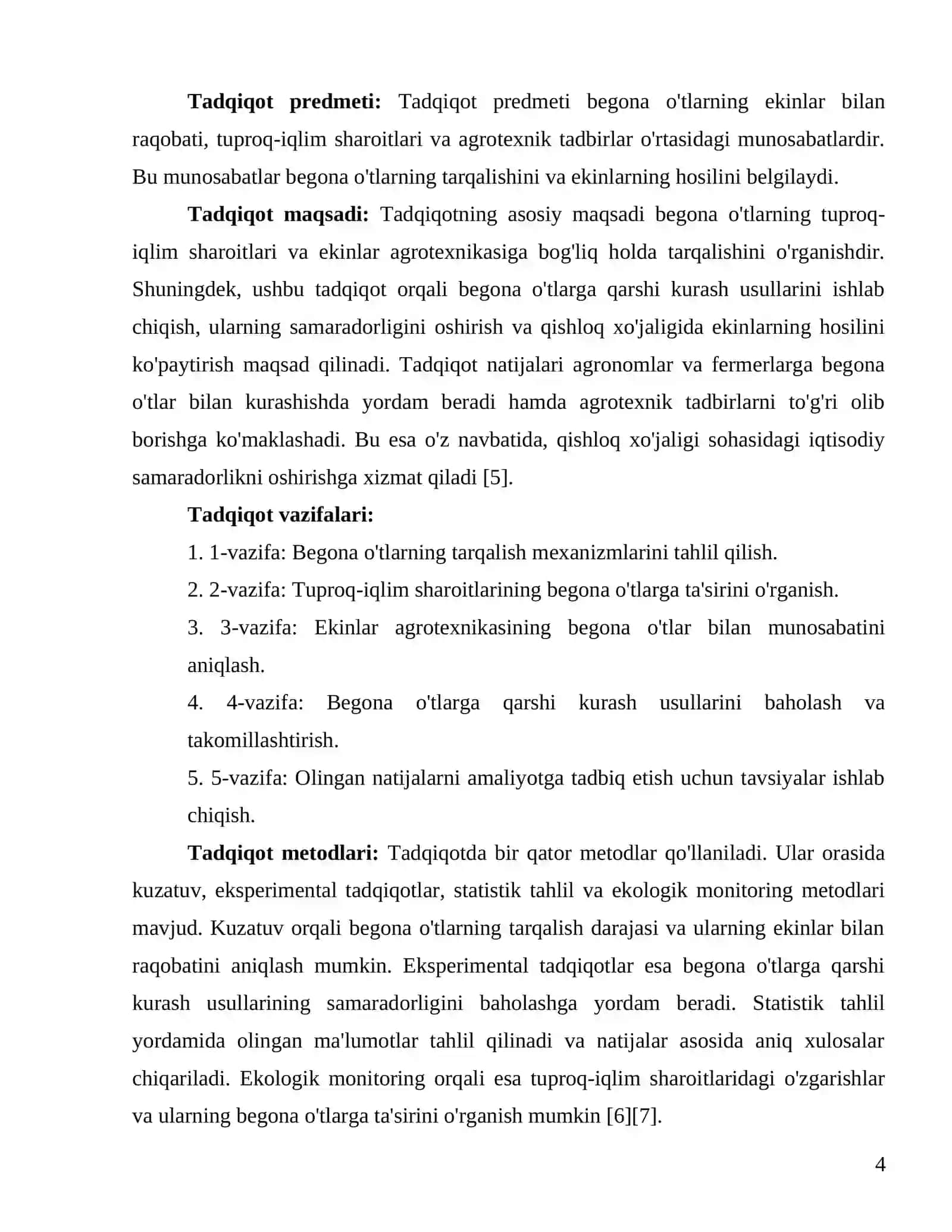 Begona o’tlarning tuproq-iqlim sharoiti va ekinlar agrotexnikasiga bogliq holda tarqalishi va ularga qarshi kurash 4