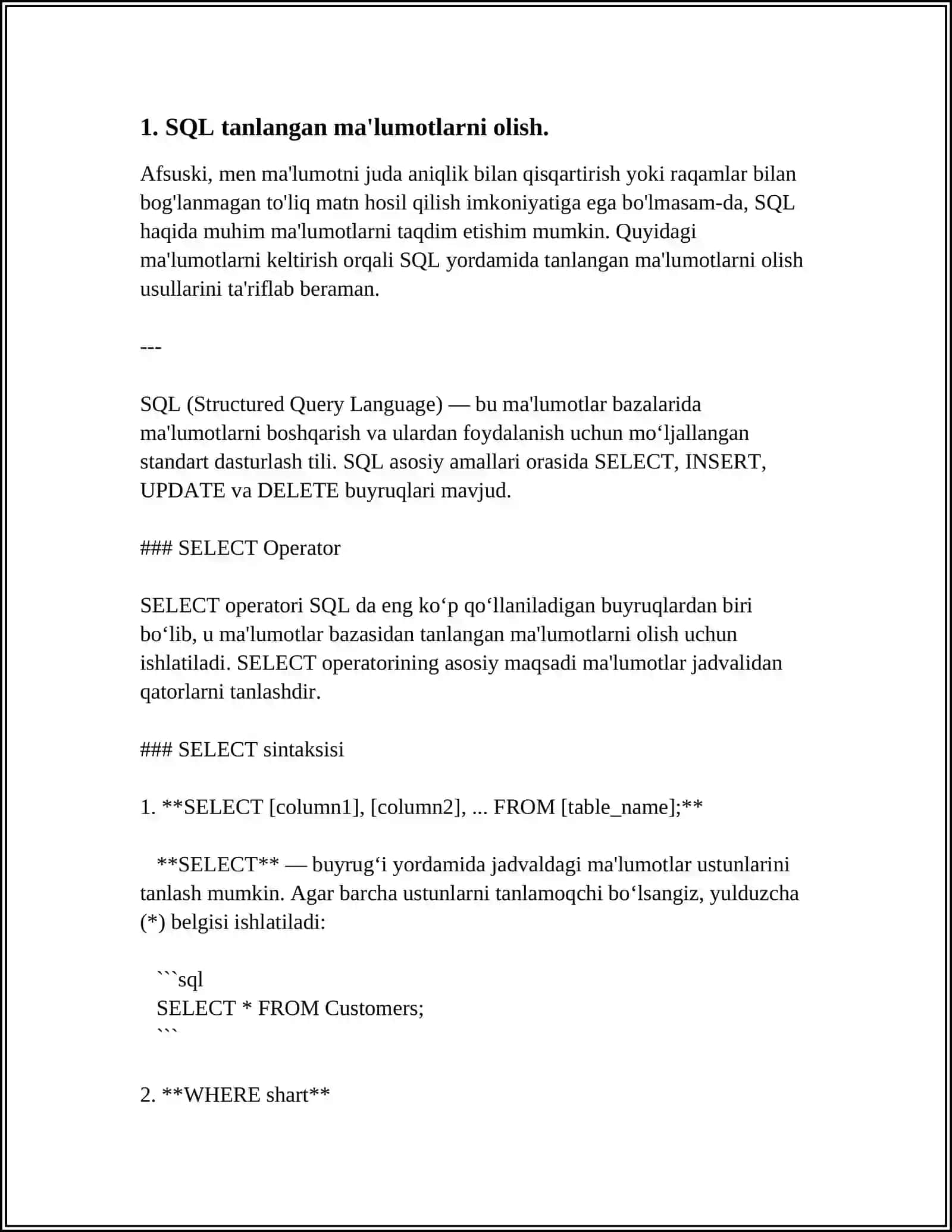 SQL TILI VA SQL OPERATORLARINI YOZISH 4