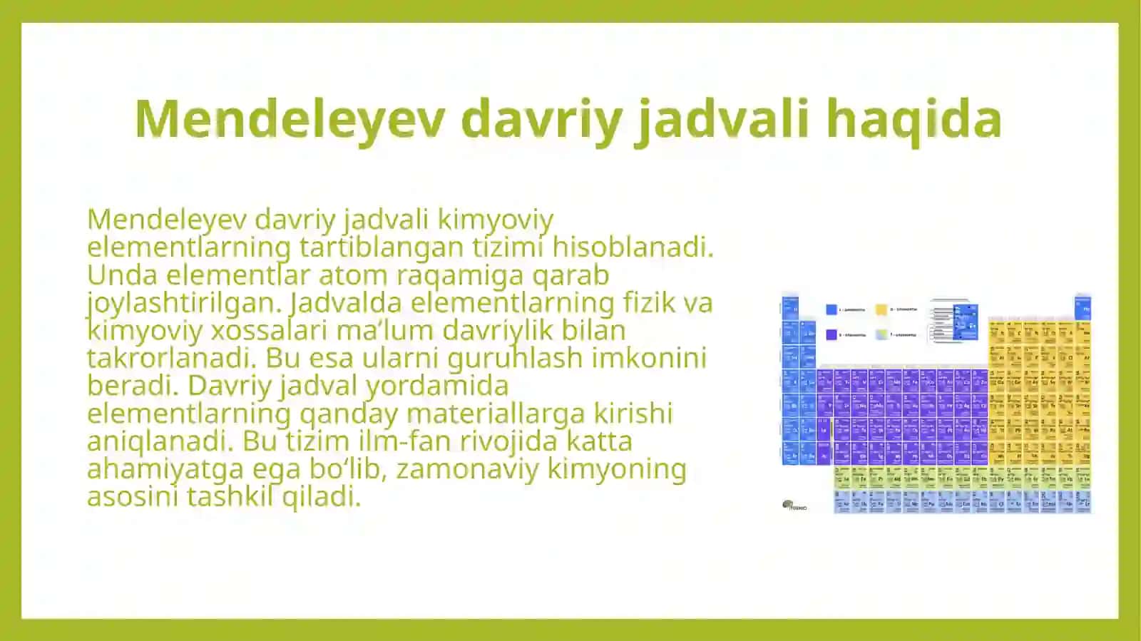 Materiallarning turlarini Mendeleyev davriy jadvalida ajratish 4