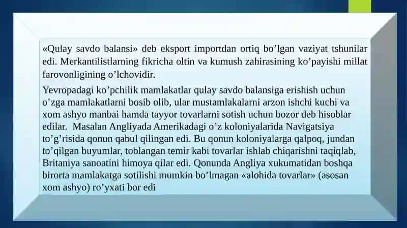IJTIMOIY IQTISODIY BILIMLARNING SHAKLLANISHI VA RIVOJLANISHIDA MERKANTALISTLAR SIYOSATI 4