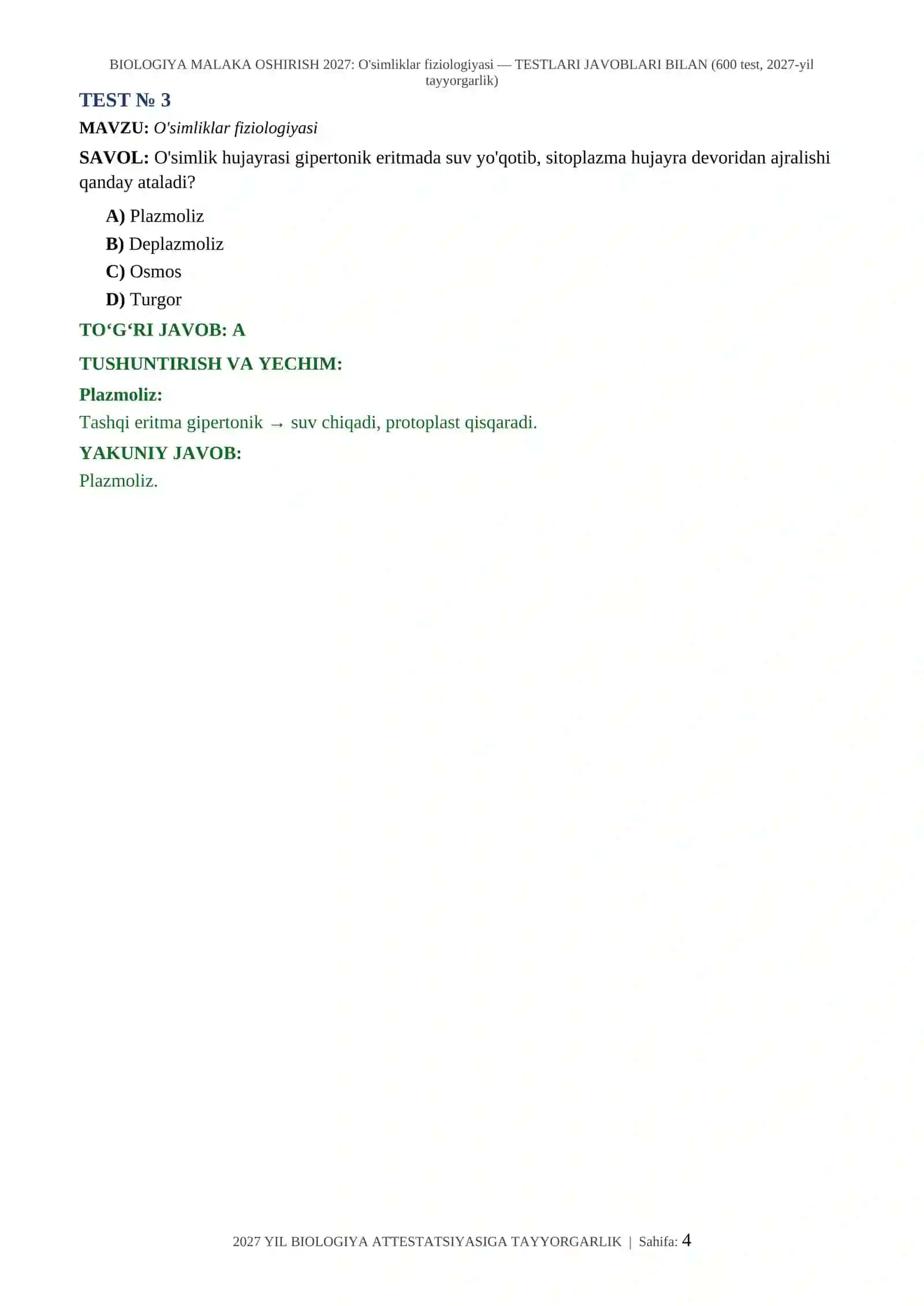 BIOLOGIYA MALAKA OSHIRISH 2027: O'simliklar fiziologiyasi — TESTLARI JAVOBLARI BILAN (600 test, 2027-yil tayyorgarlik) 4