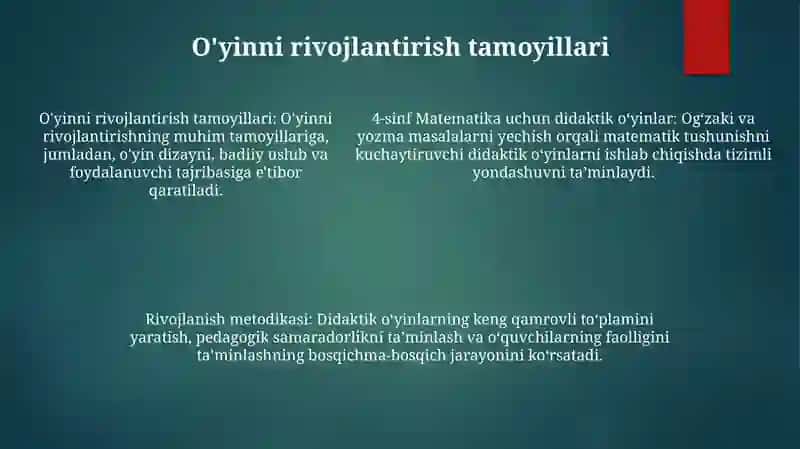 4-Sinfda Matematikadan Oģzaki Va Yozma Hisoblashga Doir Didaktik Òyinlar Tizimini Ishlab Chiqish Metodikasi 4