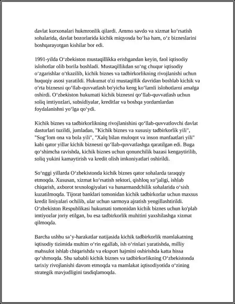 Kichik biznes va tadbirkorlikning tarixiy rivojlanishi Oʻzbekistonda 4