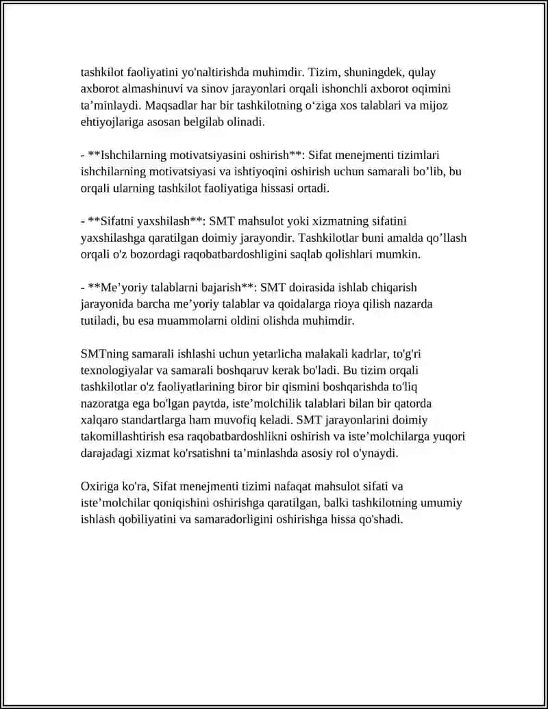 MAHSULOT SIFATINI TA’MINLASH VA BOSHQARISH SIFAT MENEJMENTI TIZIMI 4