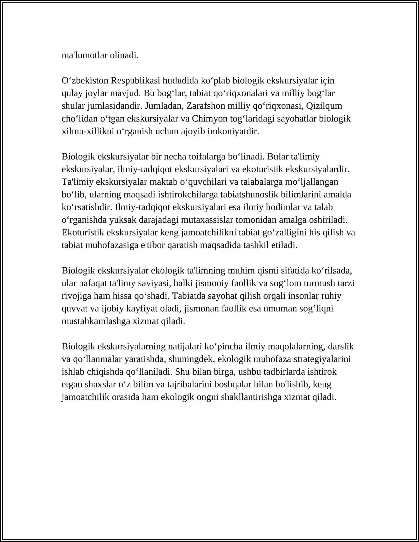 BIOLOGIK EKSKURSIYALARDA O‘QUVCHLARDA BILISH FAOLIYATINI FAOLLASHTIRISHNI LOYIHALASHTIRISH 4