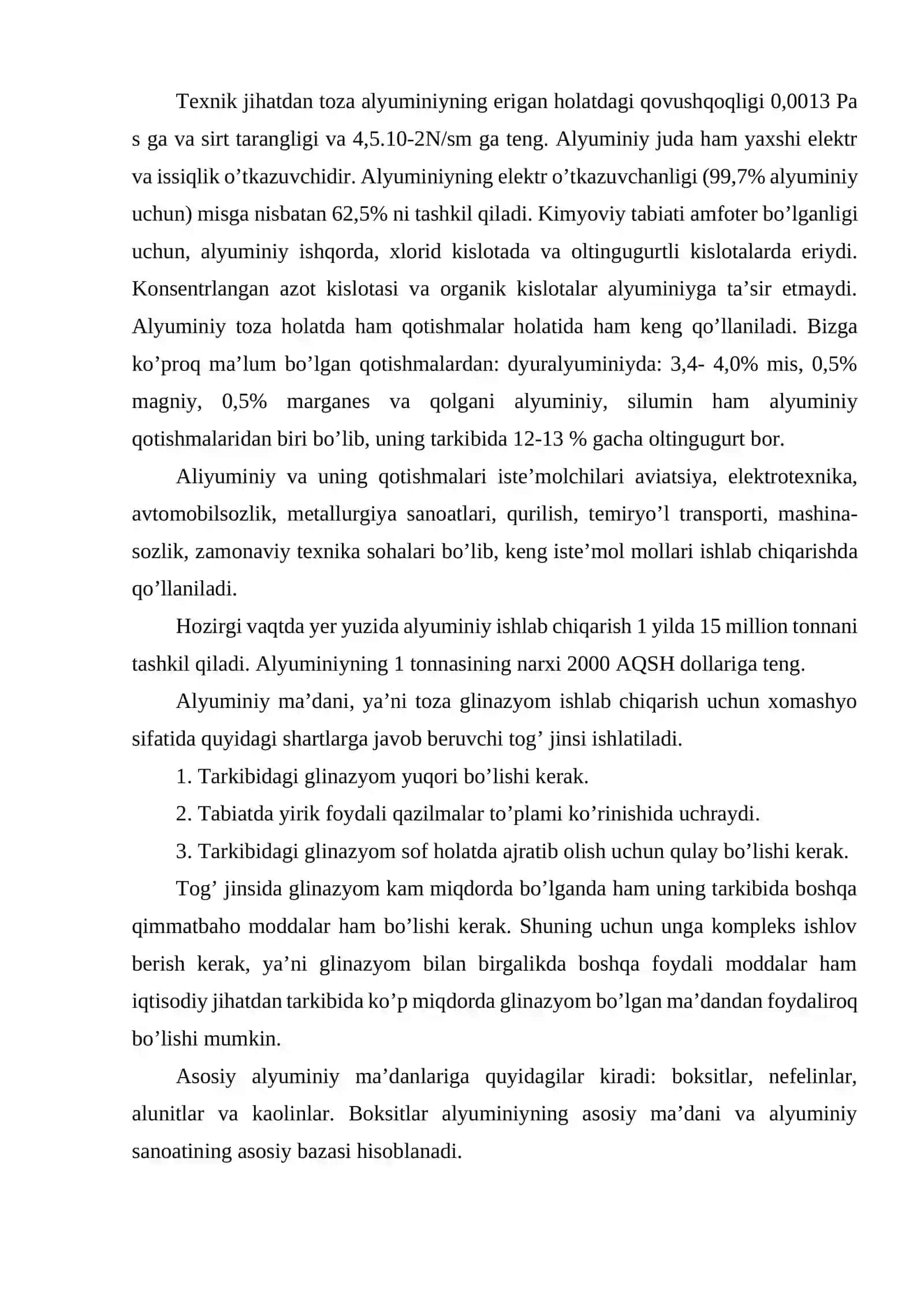 Alyuminiy metallurgiyasining xom ashyo bazasi. Alyuminiyning xususiyatlari, texnikada 4