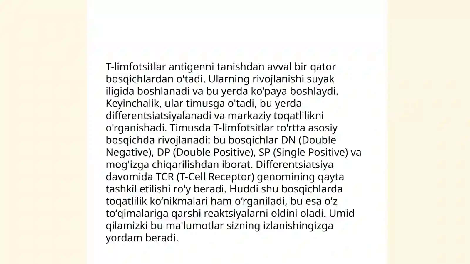 Timusdagi T-limfotsitlarning yetilish jarayoni (antigenga bog'liq bo'lmagan immunogenez) 4