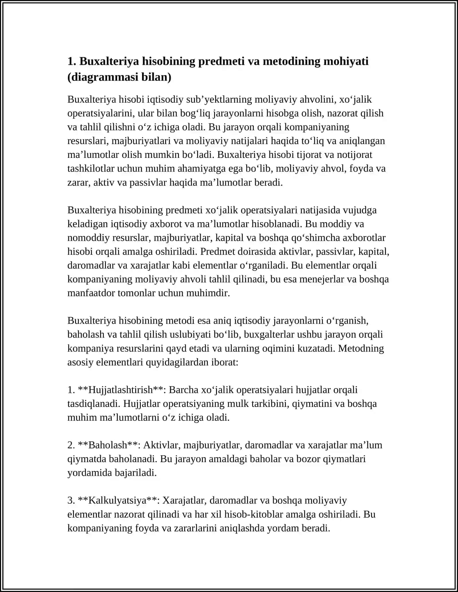 BUXALTERIYA HISOBINING PREDMETI VA METODI. DIAGRAMMASI HAM BOLSIN 4